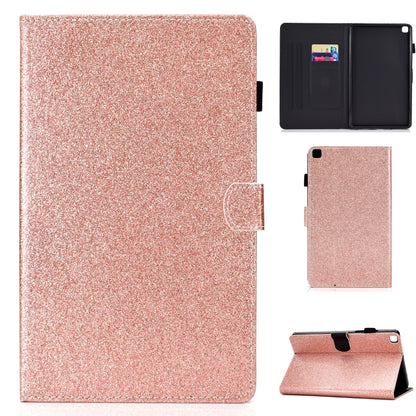 Rose gold glitter flip leather tablet case with card slot, front view and accessory angles