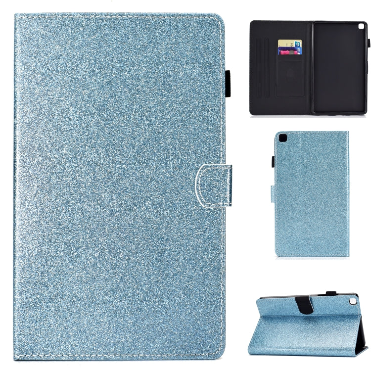 Light blue glitter folio case with flip cover; shown with separate back and stand