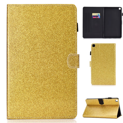 Gold glitter flip tablet case with card slot holder and foldable kickstand.