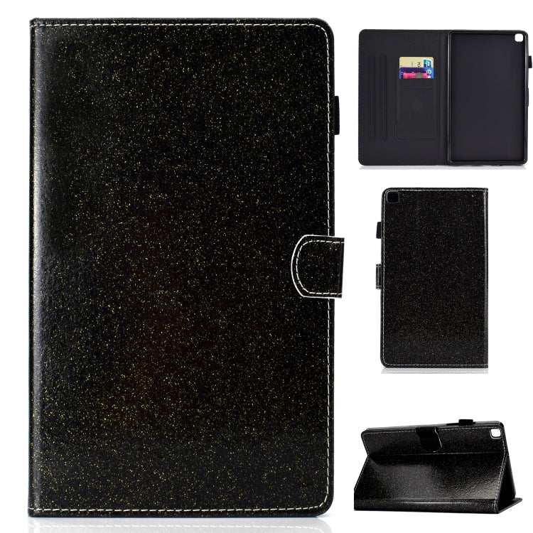 Black glitter horizontal flip leather tablet case with stand and card slot, back panel view