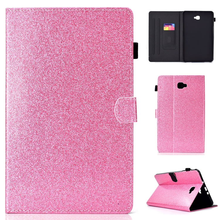 Pink glitter tablet flip case with black interior cover and camera opening