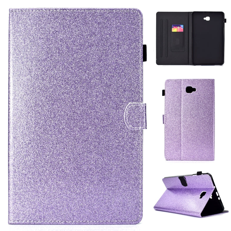 Purple glitter flip tablet case with card slot, shown with front and back views open.
