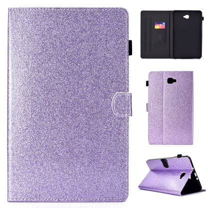 Purple glitter flip tablet case with card slot, shown with front and back views open.