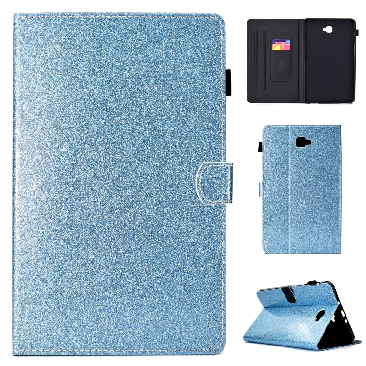 Light blue glitter tablet case with horizontal flip cover and fold-out stand, shown open