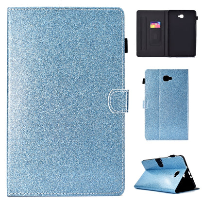 Light blue glitter tablet case with horizontal flip cover and fold-out stand, shown open