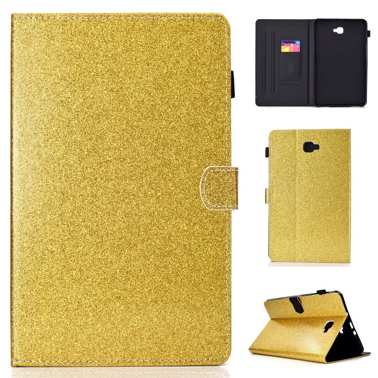 Gold glitter flip tablet case with card slot pocket and side button cutouts.