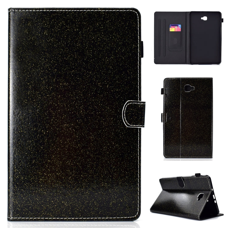 Black glitter horizontal flip leather tablet case with stand and card slot, holder slot visible