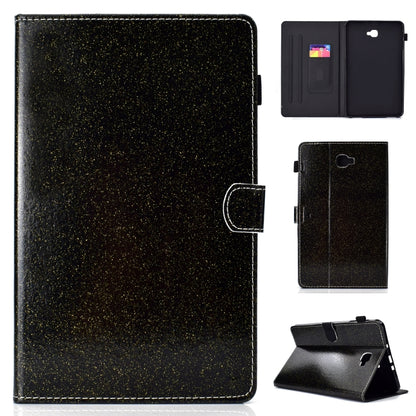 Black glitter horizontal flip leather tablet case with stand and card slot, holder slot visible