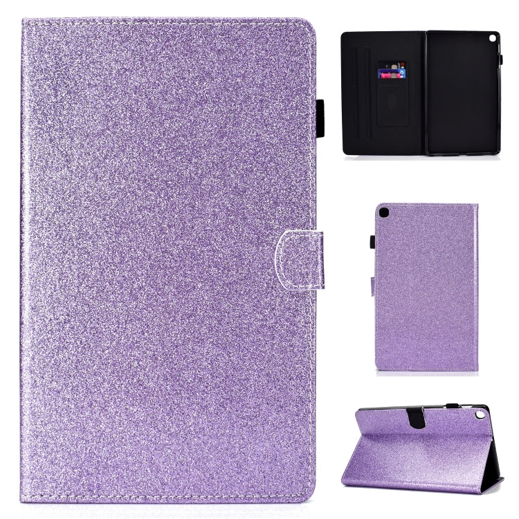 Purple glitter flip tablet case with card slot and magnetic stand, open and folded.