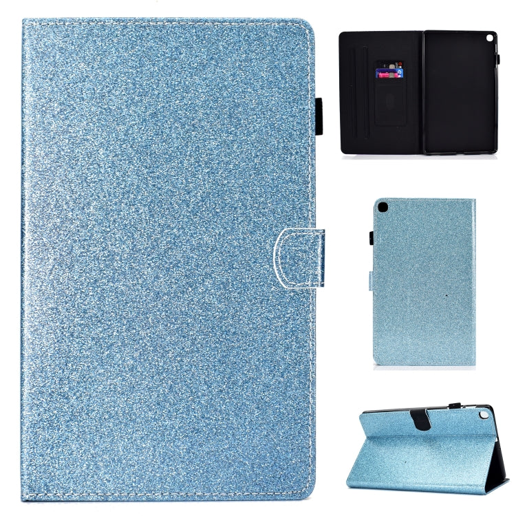 Glitter light blue tablet case set: front flip cover, back piece, and viewing stand