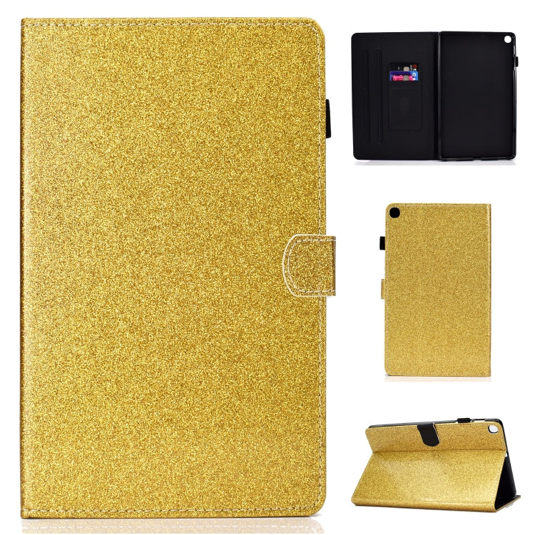 Gold glitter flip tablet case with card slot, stand support, and camera opening.