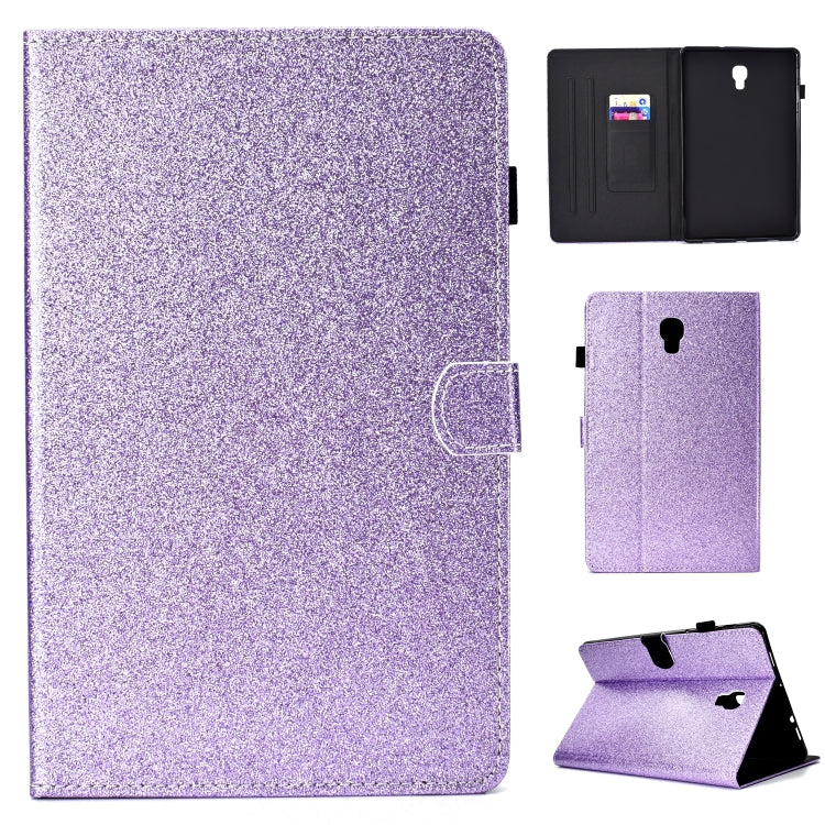 Purple glitter flip tablet case with card slot and stand, shown open with inner slots.