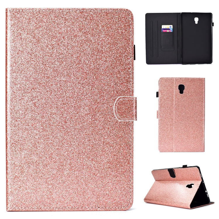 Rose gold glitter flip leather tablet case with card slot, front plus flip-back view