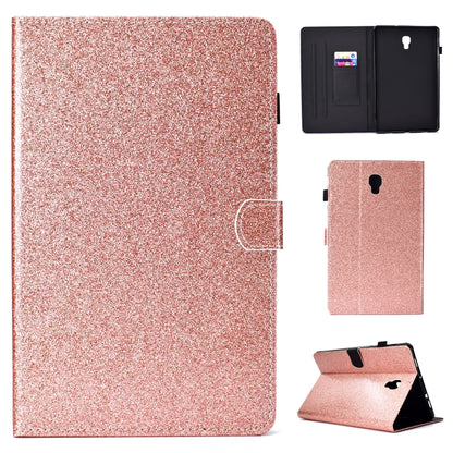 Rose gold glitter flip leather tablet case with card slot, front plus flip-back view