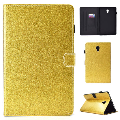 Gold glitter flip tablet case with card slot holder and foldout kickstand.