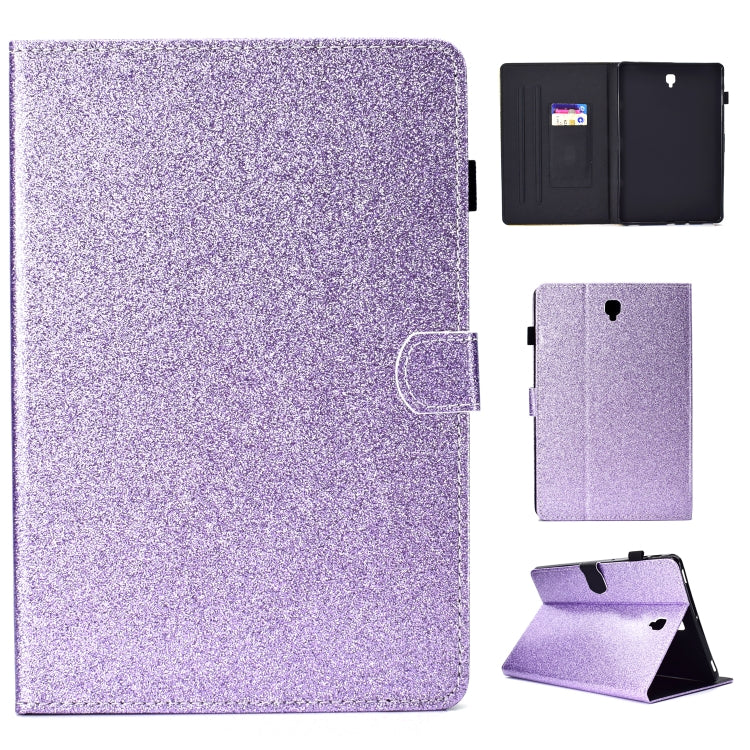 Purple glitter flip tablet case with card slot and kickstand, shown from front and open back.