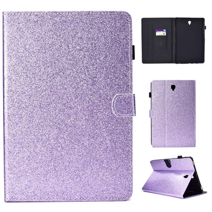 Purple glitter flip tablet case with card slot and kickstand, shown from front and open back.