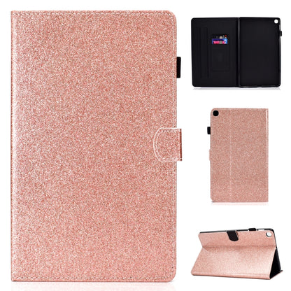 Rose gold glitter flip leather tablet case with card slot, front, back, and stand views
