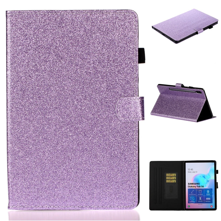 Purple glitter flip tablet case with card slot, shown upright and with folded kickstand.