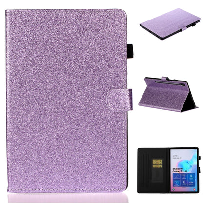 Purple glitter flip tablet case with card slot, shown upright and with folded kickstand.