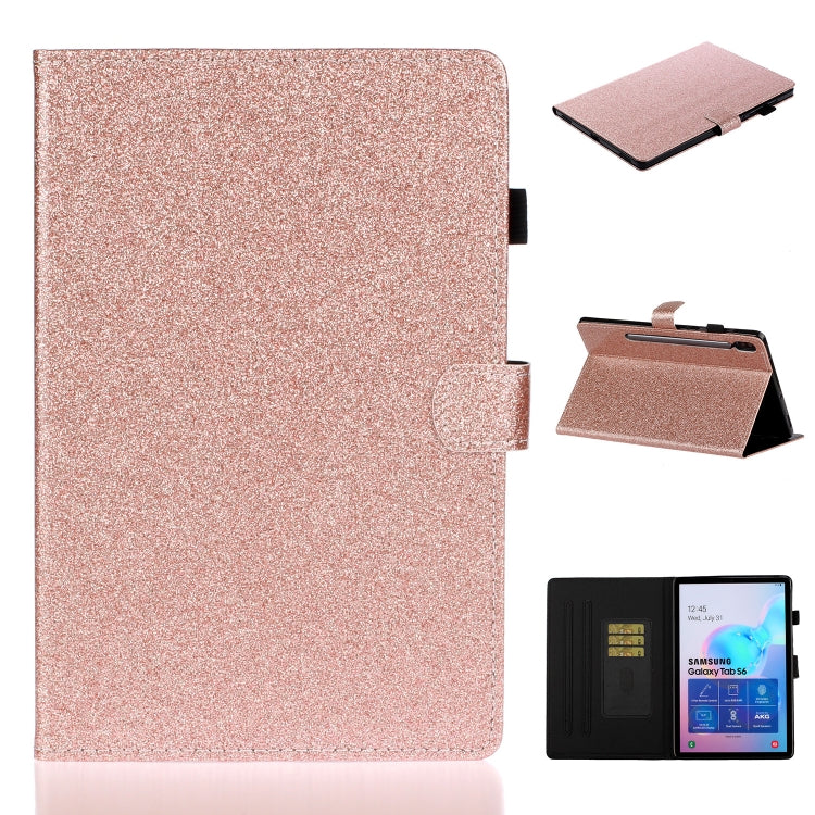 Rose gold glitter flip leather tablet case with card slot, side view and tablet in use