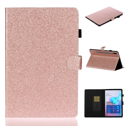 Rose gold glitter flip leather tablet case with card slot, side view and tablet in use