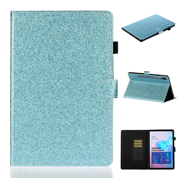 Blue glitter flip tablet case with card slot and stand holder.