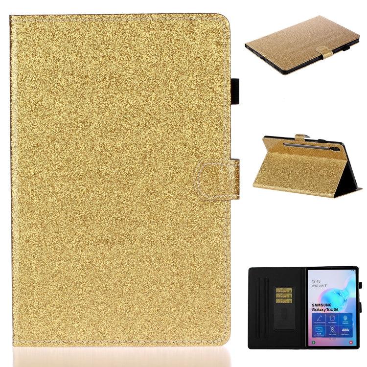 Gold glitter horizontal flip leather tablet case with stand and card slot, open cover shown