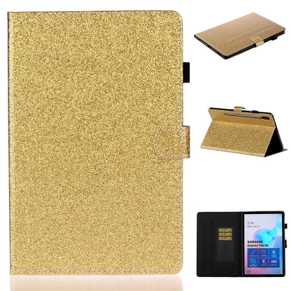 Gold glitter horizontal flip leather tablet case with stand and card slot, open cover shown