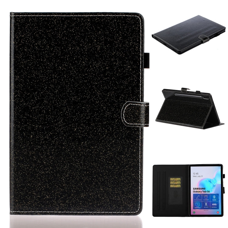 Glitter flip leather tablet case with card slot, black exterior, cover shown upright