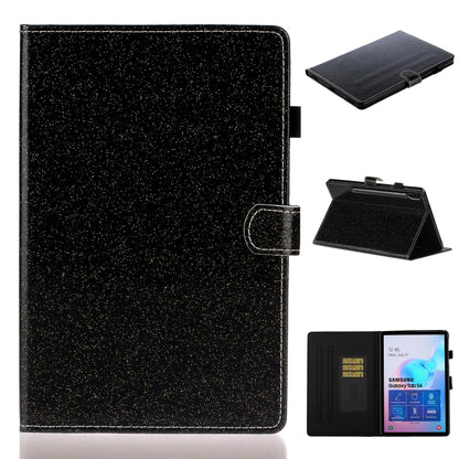 Glitter flip leather tablet case with card slot, black exterior, cover shown upright