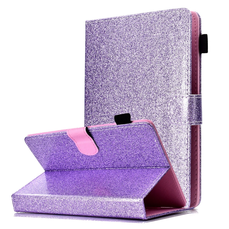 Purple glitter tablet folio case with card slot and kickstand, shown in close side view.