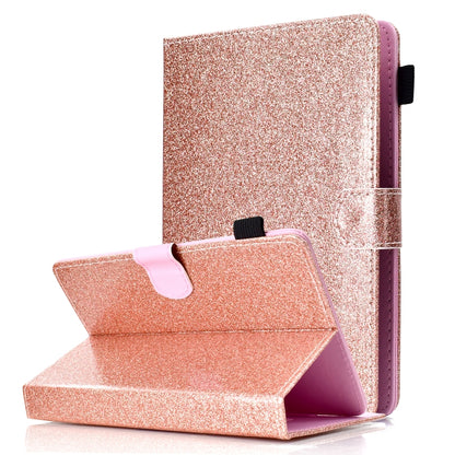 Rose gold glitter flip leather tablet case with card slot, stand opened in landscape