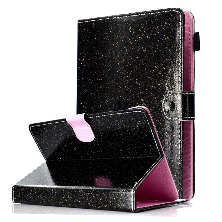 Glitter flip leather tablet case with card slot, black exterior, pink interior lining