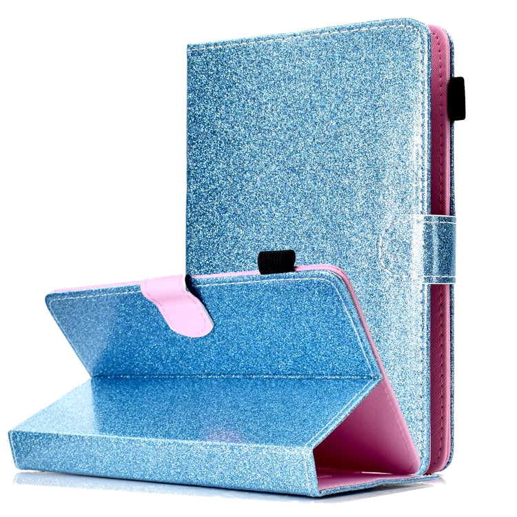 Blue glitter flip tablet case with open stand and card slot window.