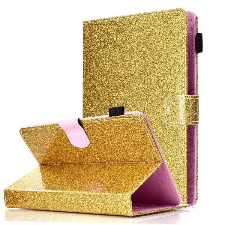 Gold glitter horizontal flip leather tablet case with stand and card slot, pink interior detail