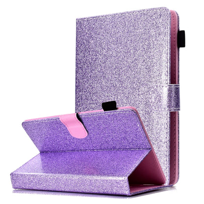 Purple glitter flip tablet case with card slot and kickstand, side angle with open cover.