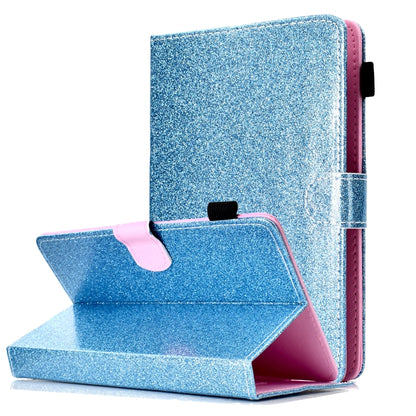 Blue glitter flip tablet case with stand, side cutouts, and card pocket.