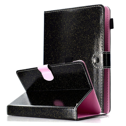 Glitter flip leather tablet case with card slot, black exterior, pink interior stand
