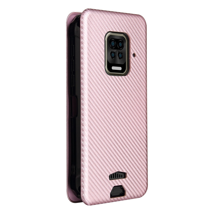 Pink carbon fiber-texture magnetic flip phone case with camera cutout on back.