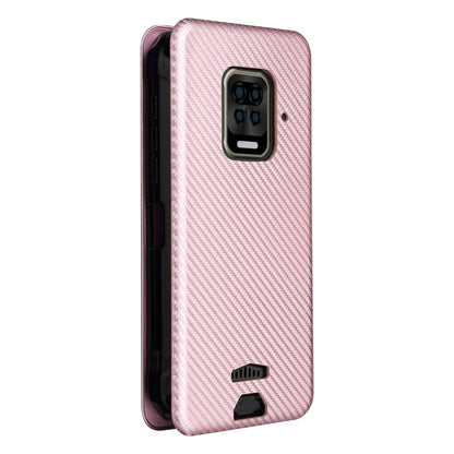 Pink carbon fiber-texture magnetic flip phone case with camera cutout on back.