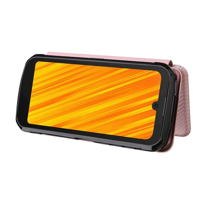 Pink carbon fiber-texture flip phone case with screen-side cover, horizontal flip.