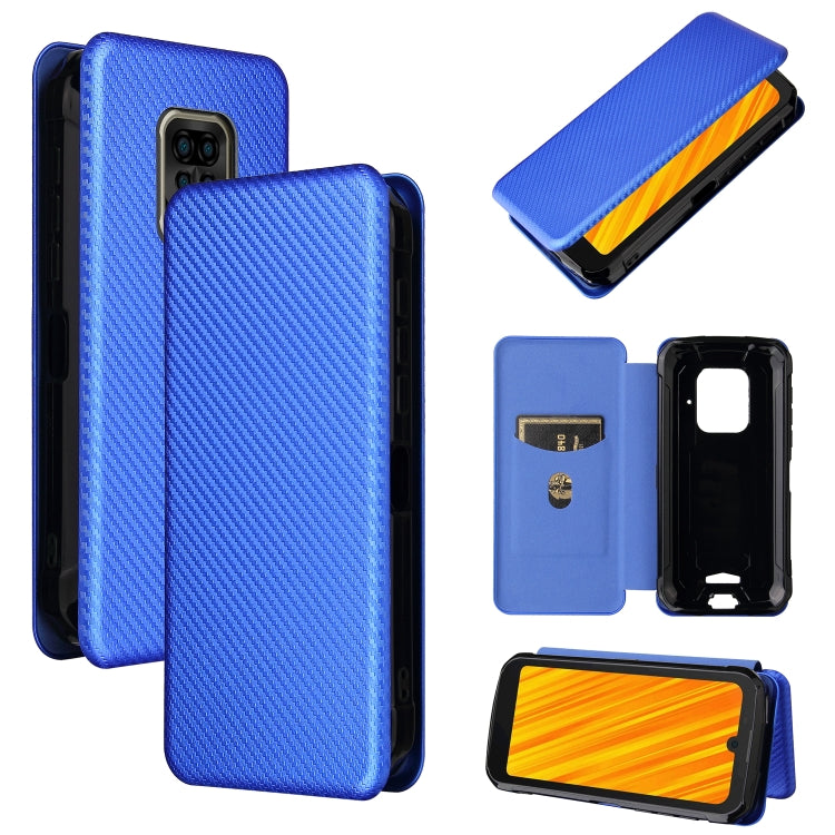 Blue carbon fiber-texture magnetic flip phone case with card slot and protective back shell.