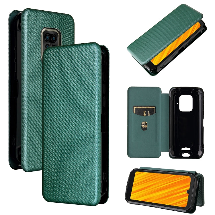 Green carbon fiber-texture magnetic flip phone case with card slot and horizontal cover.