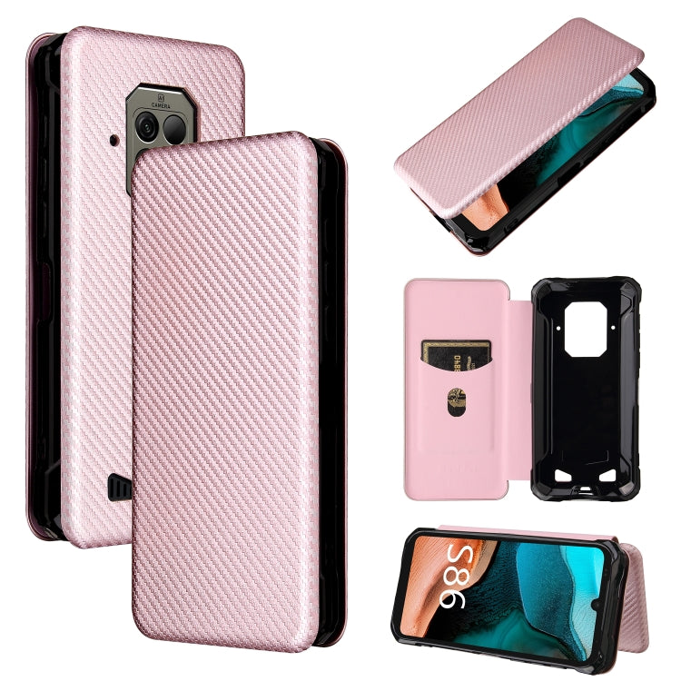 Magnetic horizontal flip phone case with card slot, carbon fiber texture, pink.