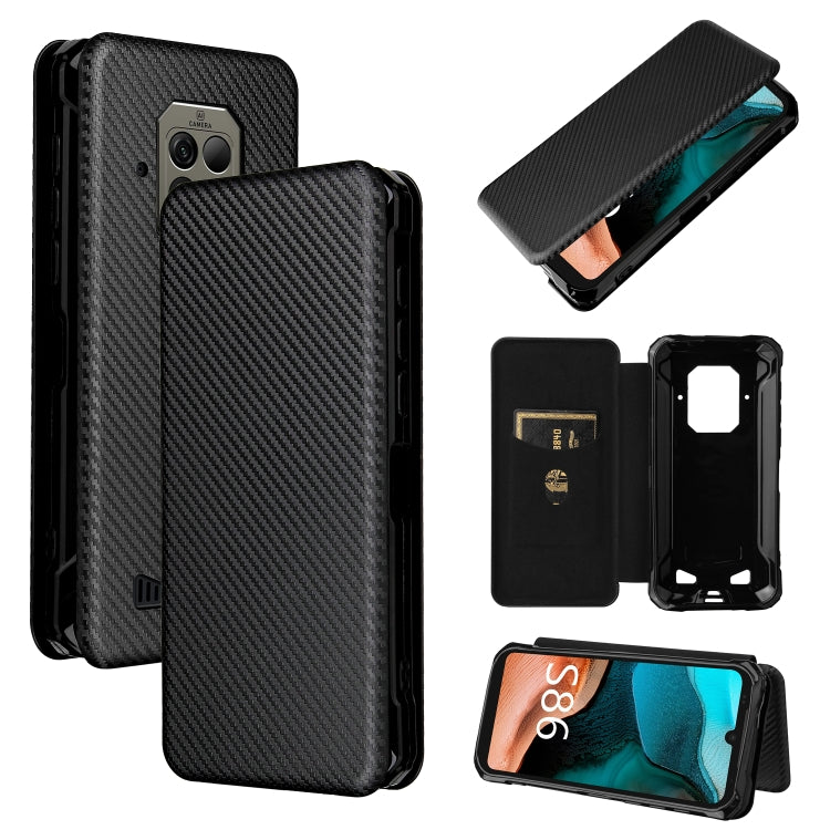 Magnetic horizontal flip phone case with card slot, carbon fiber texture, black.