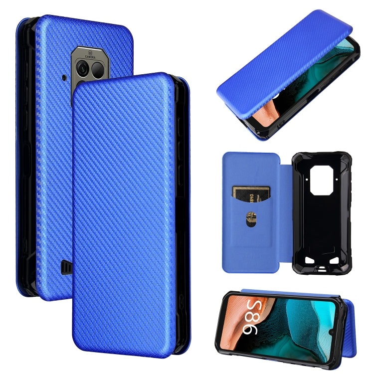 Magnetic horizontal flip phone case with card slot, carbon fiber texture, blue.