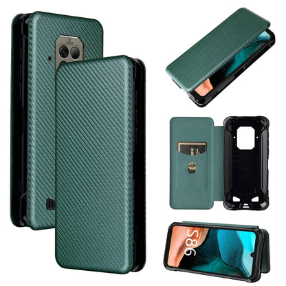 Magnetic horizontal flip phone case with card slot, carbon fiber texture, green.
