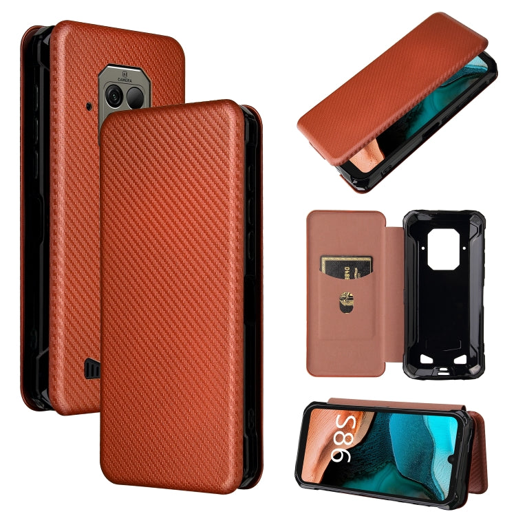 Magnetic horizontal flip phone case with card slot, carbon fiber texture, rust brown.