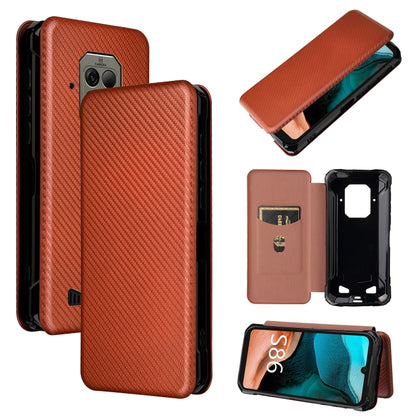 Magnetic horizontal flip phone case with card slot, carbon fiber texture, rust brown.
